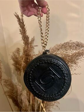 bebe Y2K Black Round Wristlet with Gold Chain
